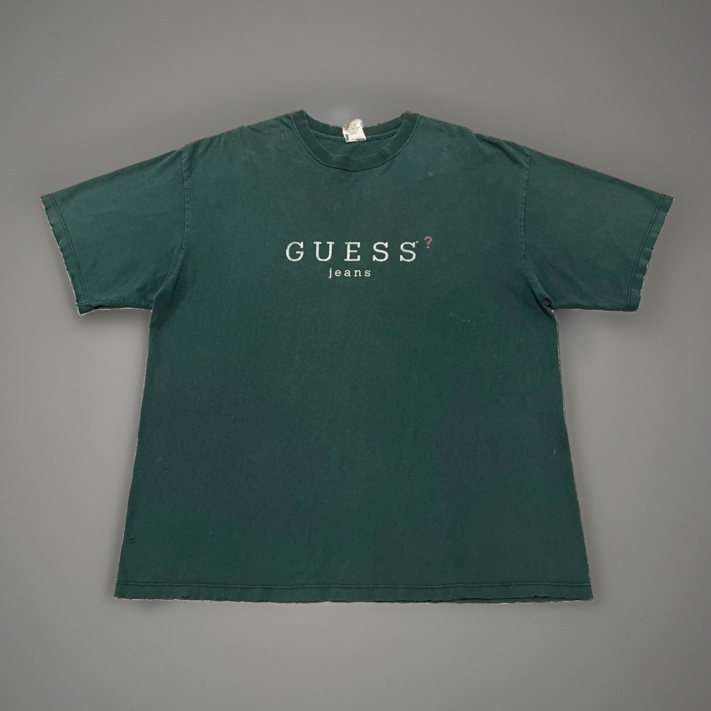 Vtg 1990s Guess Jeans Mens Green Center Logo Simple Faded Distressed T-Shirt XL